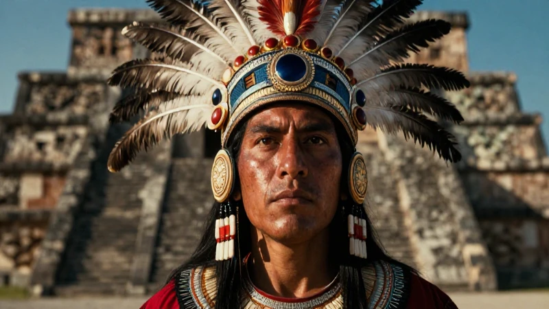 Cuauhtémoc, plumaje, ruinas y piel bronceada