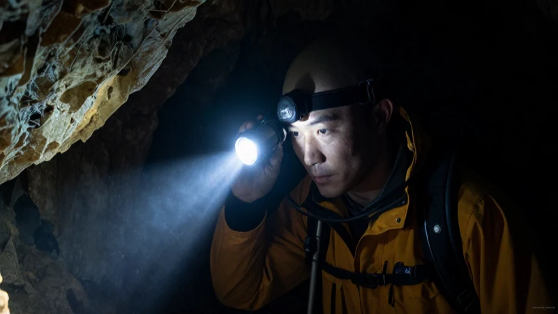 Cueva de Agapito: Misterios y Leyendas Ocultas en Treviño 5 Explorador en la oscuridad, luz y sombra intensas