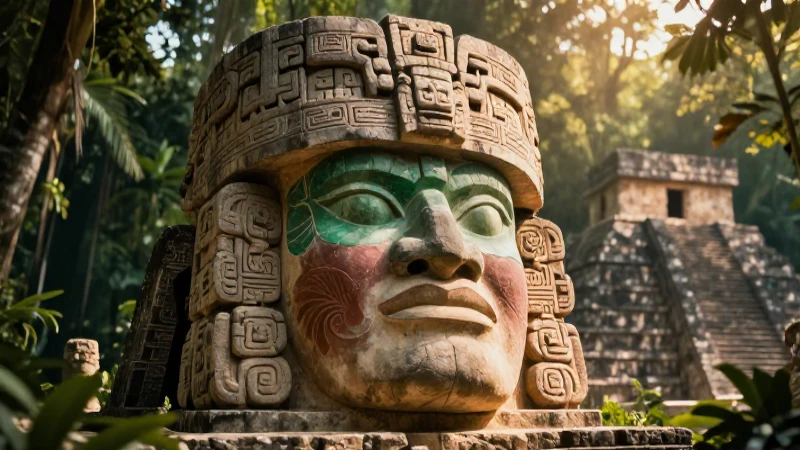 Cabeza Olmeca, ruinas antiguas, luz cinematográfica