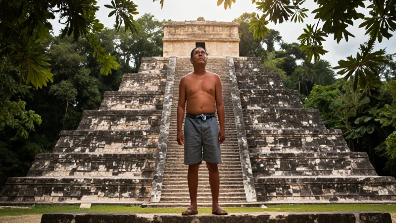 Explorador mestizo admira la pirámide maya
