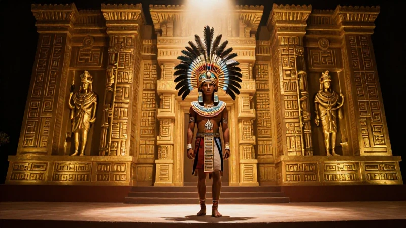 Guerrero azteca, pluma, templo dorado, drama