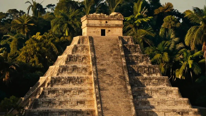 Pirámide azteca en selva, luz dorada