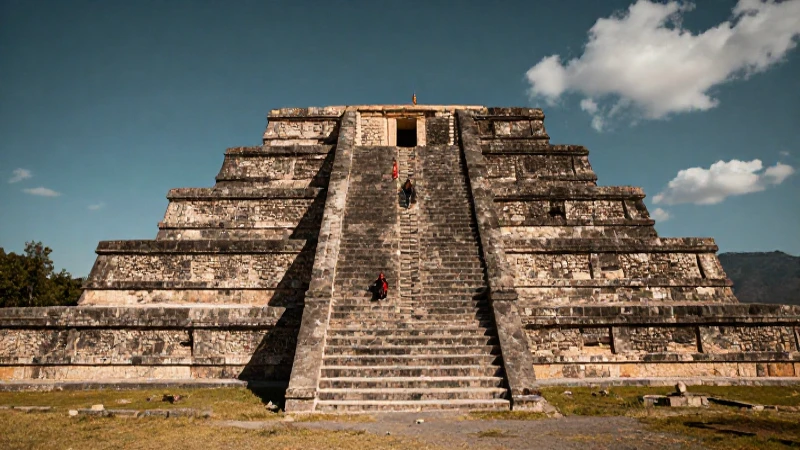 Pirámide tolteca, piel bronceada, luz cálida