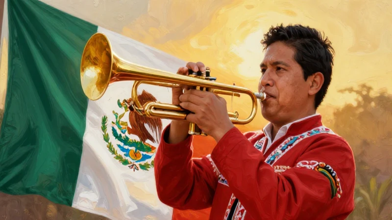 Músico mexicano, bandera vibrante, estilo pictórico