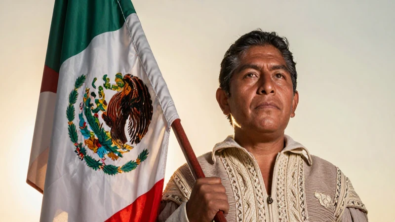 Portador de bandera mestizo, luz dorada dramática