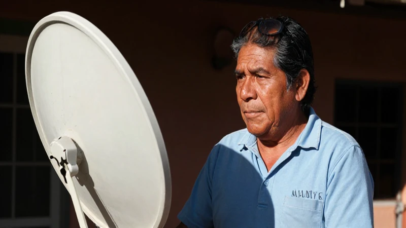 Cómo puedo localizar mi número de cliente en Dish 8 Mexicano, piel dorada, mirando una antena parabólica