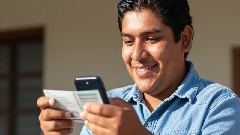 Mexicano sonriendo con su factura y móvil
