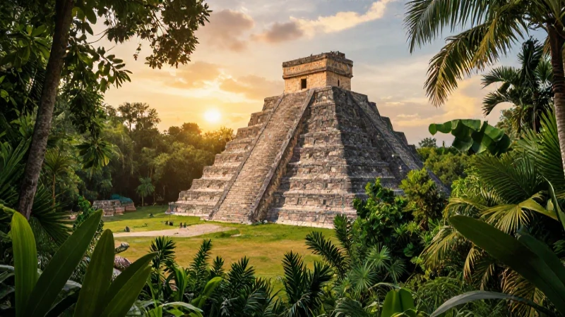 CHIAPAS: DESCUBRE su UBICACIÓN y MAPA INTERACTIVO en MÉXICO 3 Pirámide maya en selva dorada, realista