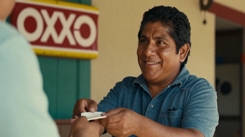 Joven mexicana paga en Oxxo, cálida luz