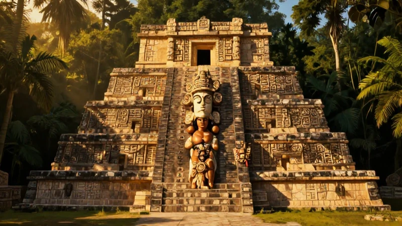 Pirámide tolteca en jungla, iluminación dorada