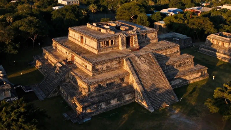 Pirámide tolteca, ruinas antiguas al atardecer