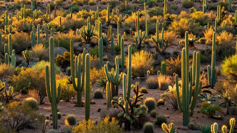 Desierto vibrante con cactus y luz dorada