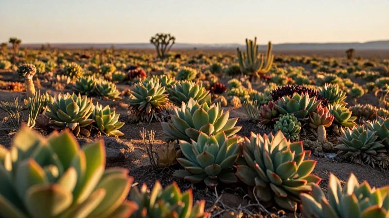 Plantas suculentas en desierto, luz dorada