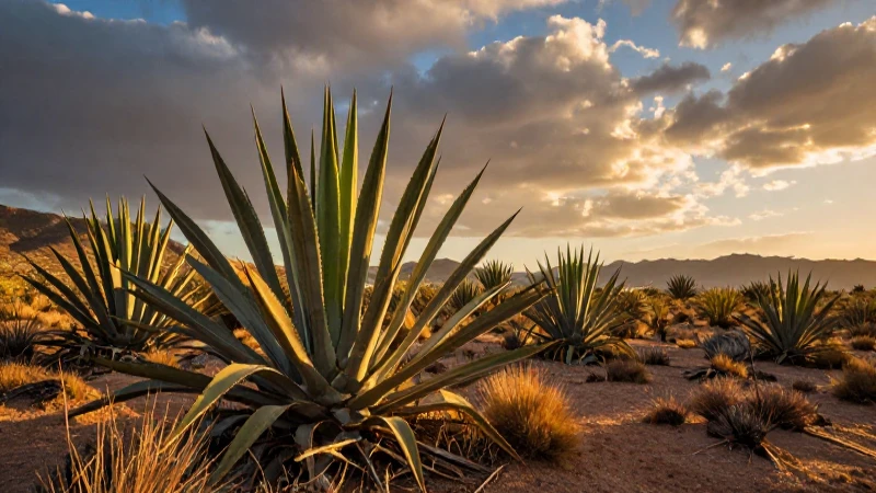 Agave gigante en desierto, luz dorada intensa