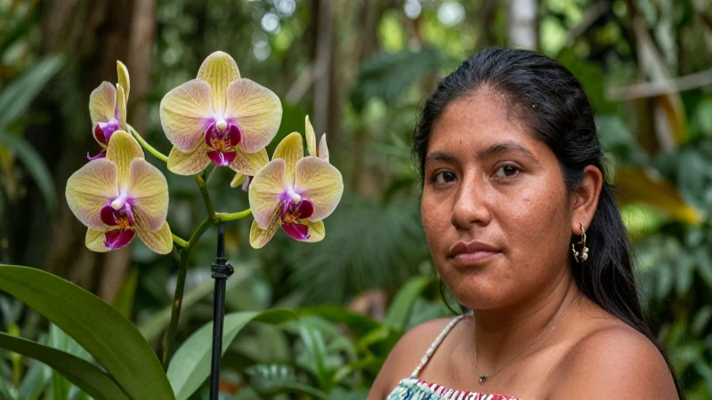 Mujer mestiza observa flora exuberante y vibrante