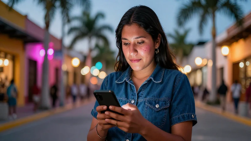 Cómo consultar saldo en Ecovale por celular en México 4 Joven mestiza sonríe bajo la luz vibrante