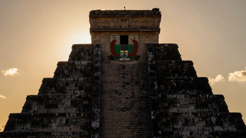 Escudo yucateco, pirámide maya, luz dorada