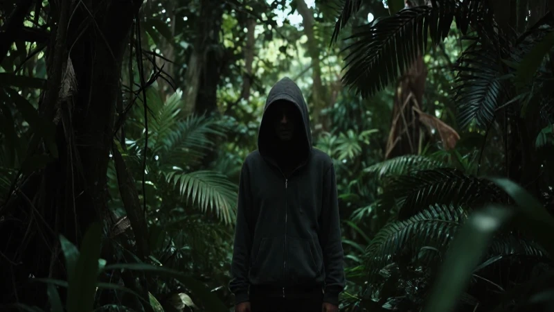 Sombra encapuchada en jungla, atmósfera cinematográfica