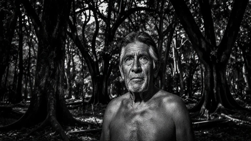 Anciano mestizo en bosque sombrío y antiguo