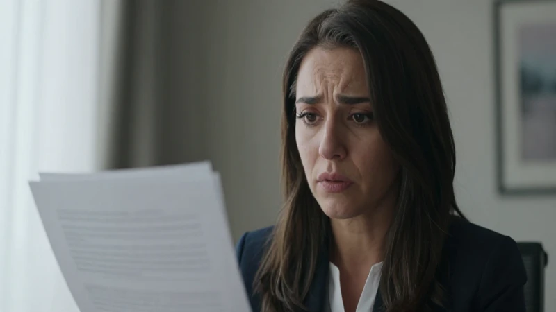 Mujer preocupada rodeada de papeles legales