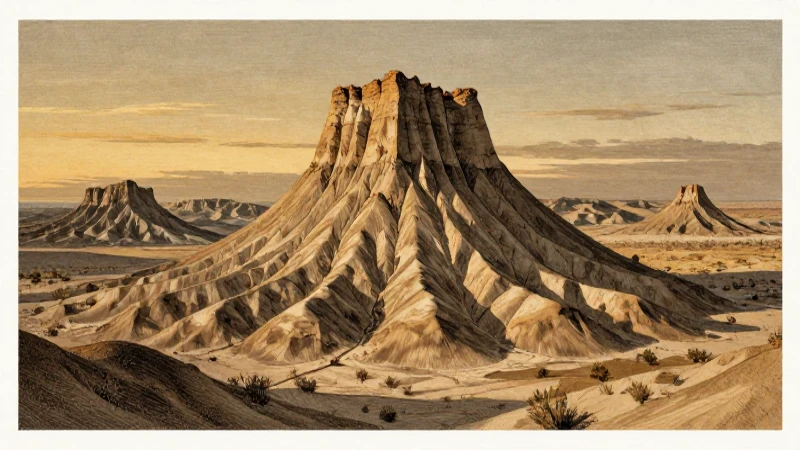 Paisaje desértico con grabado histórico y luz dorada
