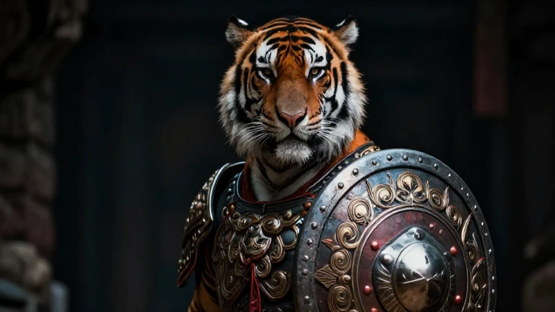 Descubre el Escudo de Guerrero: Significado y Símbolos Clave 5 Guerrero tigre con escudo, imagen dramática y oscura