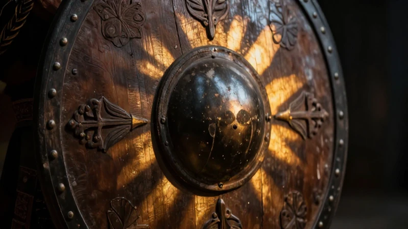 Descubre el Escudo de Guerrero: Significado y Símbolos Clave 8 Escudo de madera antiguo, ricamente detallado y evocador
