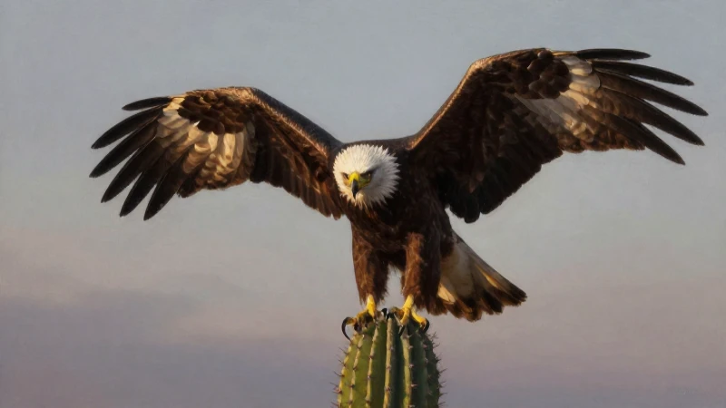 Águila en cactus, luz dramática, realismo