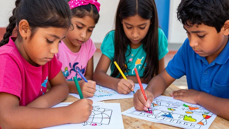 Escudos Nacionales para Colorear: Creatividad y Diversión 6 Niños mestizos dibujan coloridamente bajo el sol