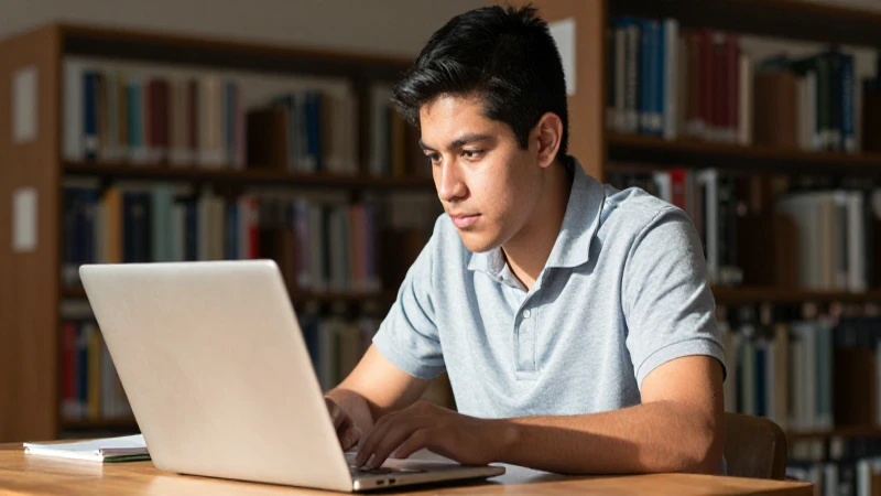 Estudiante mestizo estudia inglés en biblioteca