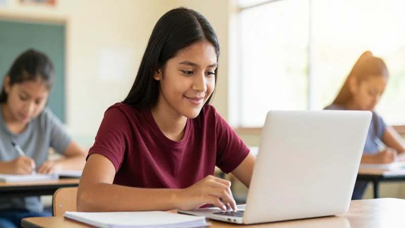 Joven mestiza estudia inglés en un aula soleada