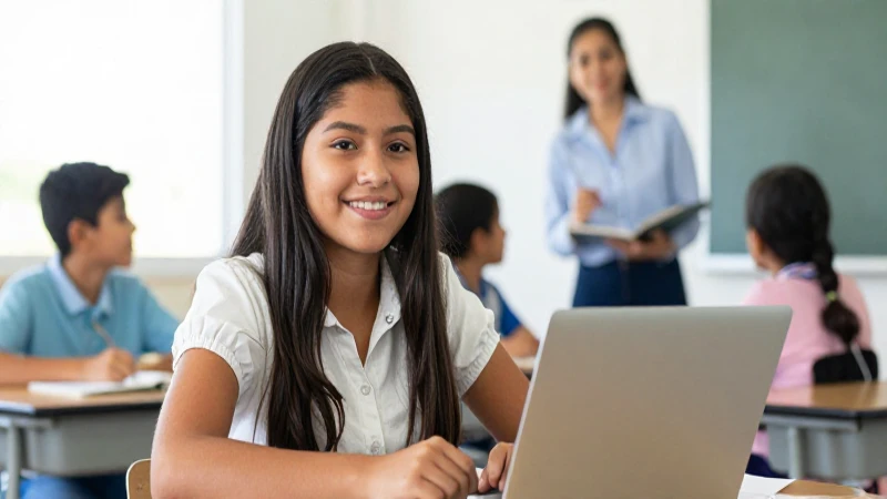 Estudiante mexicana, alegre, aprendiendo bajo el sol