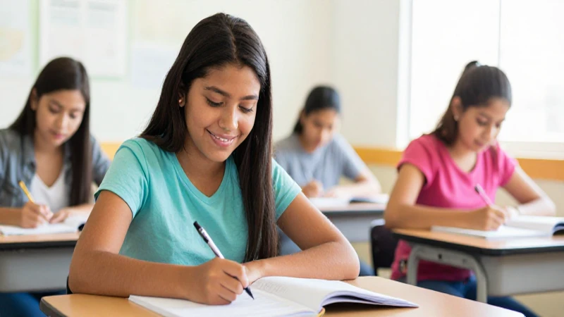 Joven mestiza estudia inglés, ambiente alegre