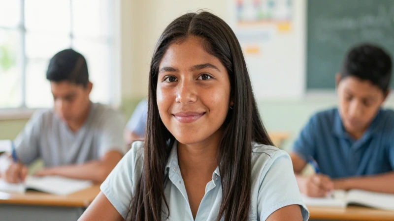 Joven mestiza en clase, luz cálida y optimista