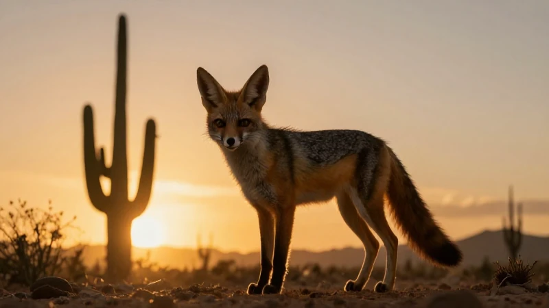 Especies Endémicas de Baja California: ¡Descúbrelas Ya! 5 Zorro del desierto, cactus, luz dorada cinematográfica