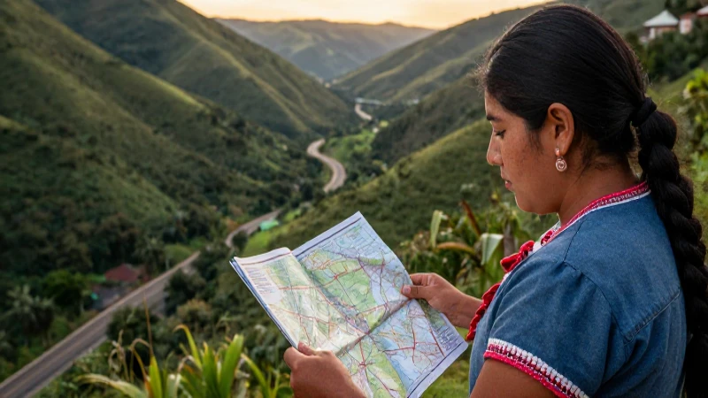Un viajero mestizo observa un mapa al atardecer
