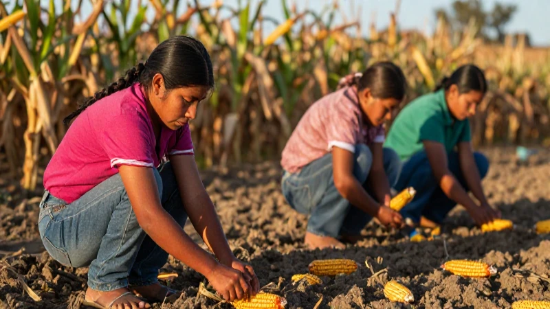 Campesinos mestizos siembran maíz al atardecer
