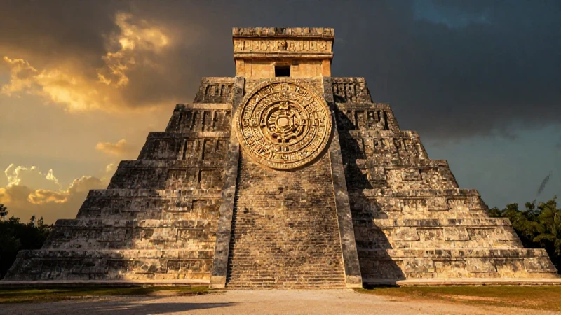 Pirámide azteca, luz dorada, escena dramática