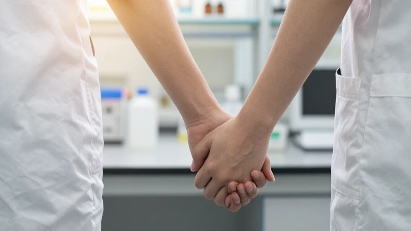 Una pareja, de fondo laboratorio desenfocado