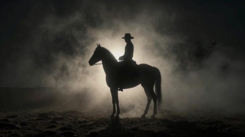 Melancólico vaquero espectral en niebla intensa