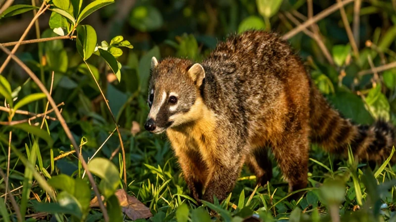 FAUNA CDMX: Descubre la RICA VIDA SILVESTRE de la Ciudad 6 Un coatí brilla en vegetación al atardecer