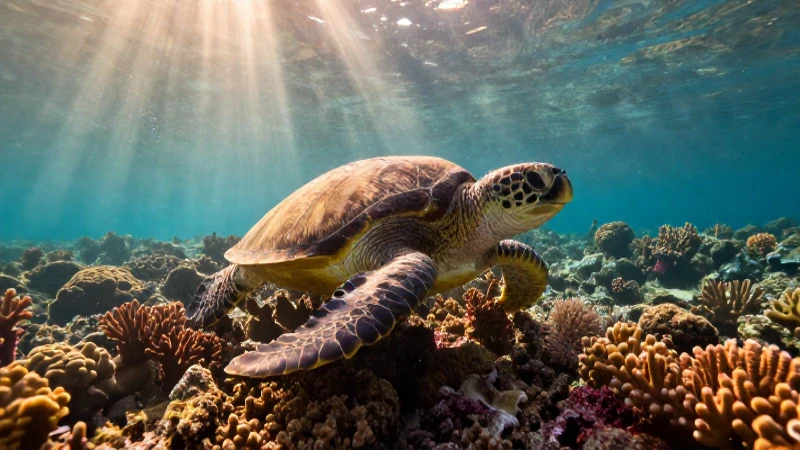 Tortuga marina en arrecife, foto documental y dorada
