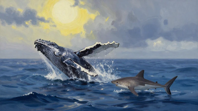 Ballena jorobada, tiburón blanco, luz dramática