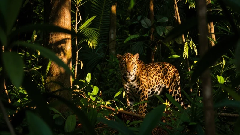 Un jaguar en selva, luz dorada y sombras