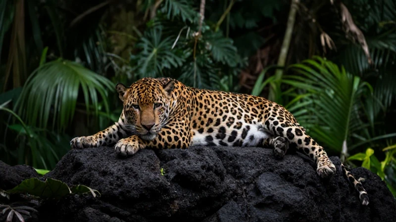 Jaguar descansando en roca, selva exuberante