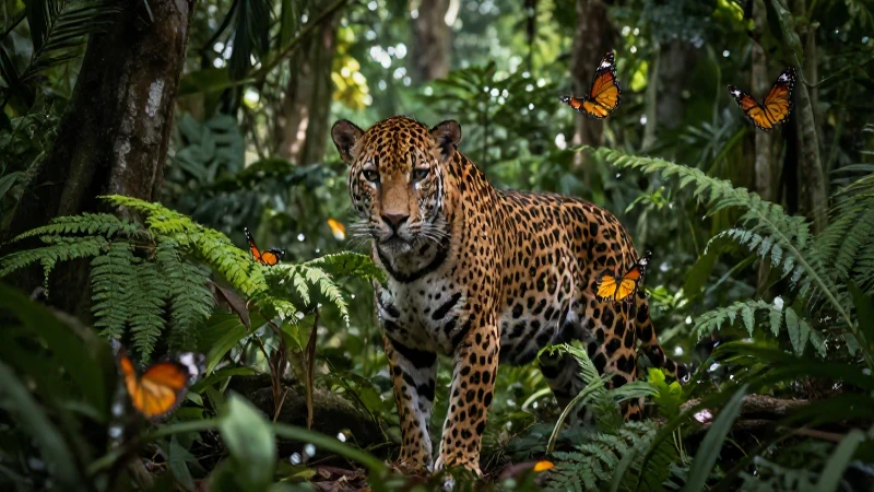 FAUNA DE MICHOACÁN: DESCUBRE ANIMALES ENDÉMICOS Y ÚNICOS 3 Selva exuberante con jaguar y mariposas monarca