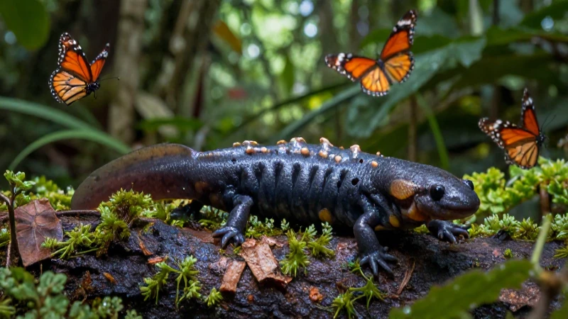 FAUNA DE MICHOACÁN: DESCUBRE ANIMALES ENDÉMICOS Y ÚNICOS 4 Salamandra y mariposas en un bosque vibrante