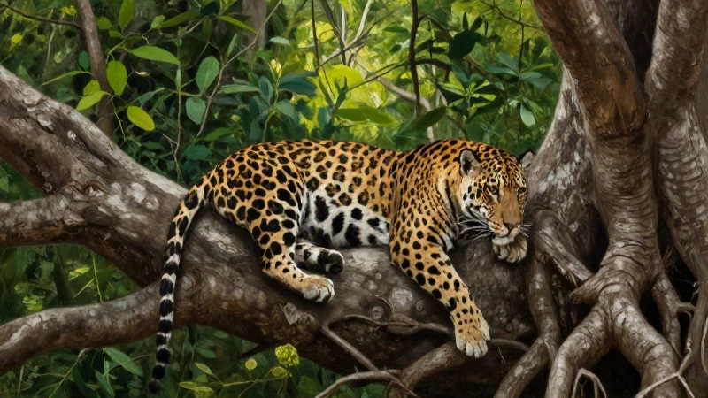 FAUNA DE MICHOACÁN: DESCUBRE ANIMALES ENDÉMICOS Y ÚNICOS 8 Jaguar descansa sobre raíz, bosque exuberante