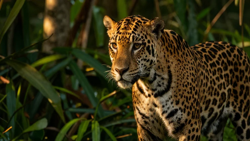 Jaguar en selva, luz dorada y detalles