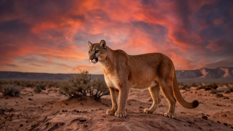 Puma en desierto, hiperrealista y cinematográfico